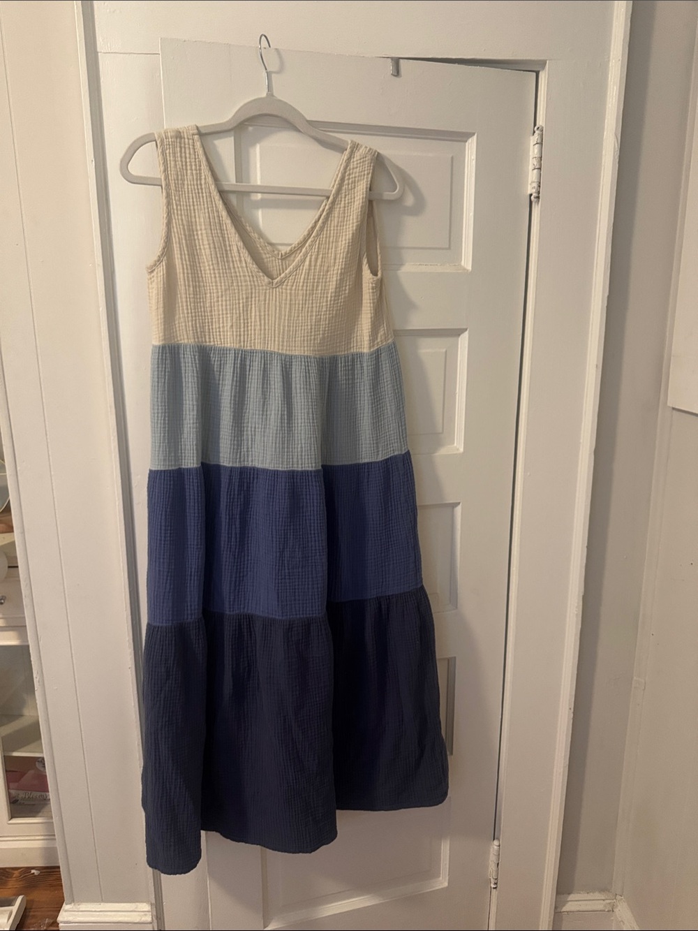 Marine Layer Corinne Tiered Maxi Dress in Cream and Blue